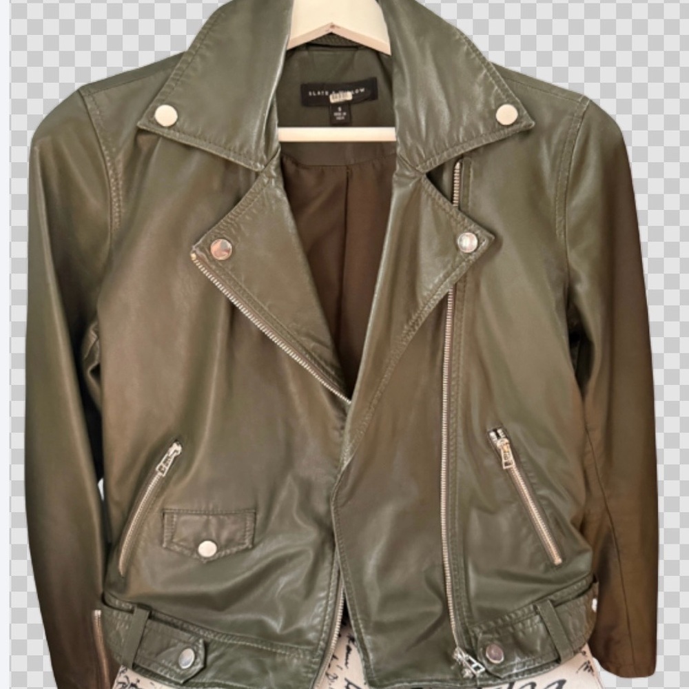 Slate and Willow Olive Genuine Leather Moto Jacket with Silver Hardware size S